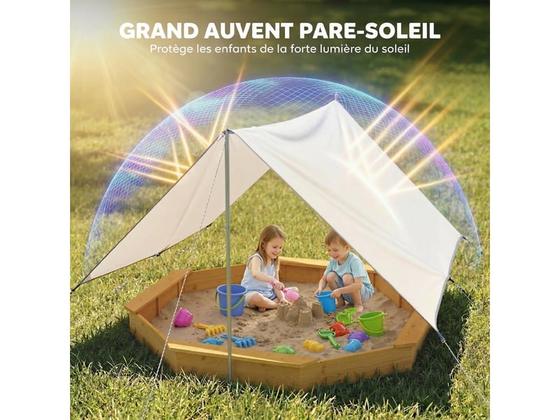  Bac à sable en bois avec auvent, bac à sable enfant extérieur avec 4 bancs, doublure de fond, jaune  - Conforama E