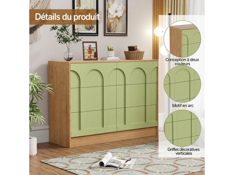 Commode verte 6 tiroirs à motifs arches, poignées dissimulées, décor bois clair, 100 x 34 x 72 cm - Conforama D