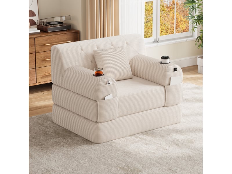 Fauteuil convertible 1 place en velours côtelé beige, 107x80x81 cm  - Conforama B