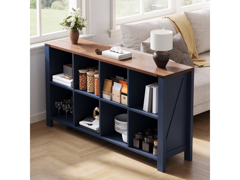  Étagère de rangement horizontale à 8 niches - lpospi - meuble bas avec protection antibasculement mdf bleu 140 × 34 × 75 cm  - Conforama C