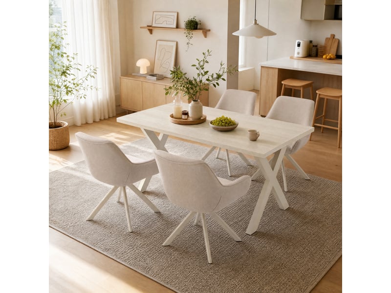  Ensemble table et 4 chaises - table rectangulaire 160x80 cm monobloc en travertin et pieds métal, 4 chaises en tissu beige et pieds en métal blanc  - Conforama A