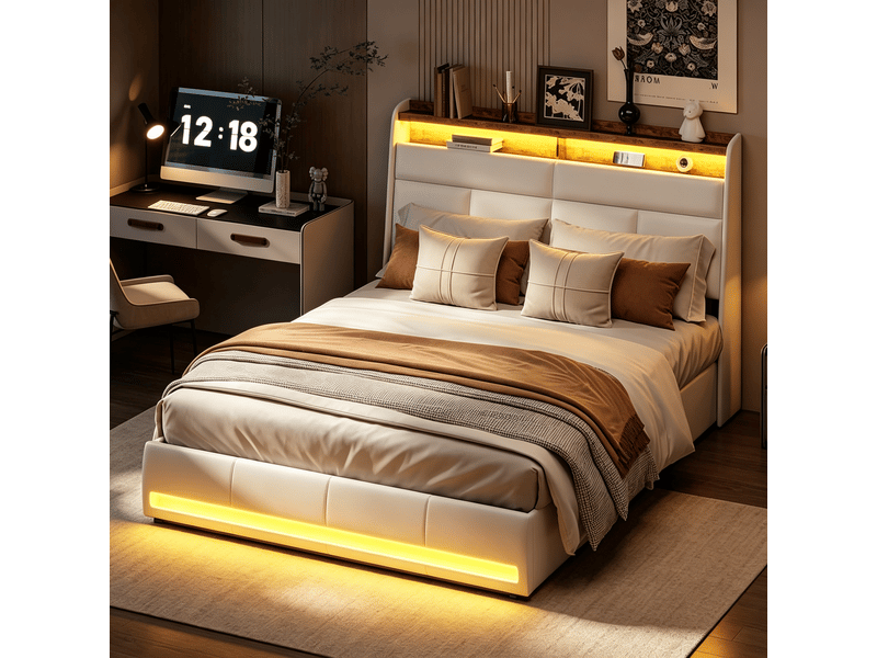 Lit 140x190 cm, tt01, led réglable, hydraulique, contemporain, lit adulte, cadre de lit double 140x190 cm, tissu pu, blanc - Conforama C
