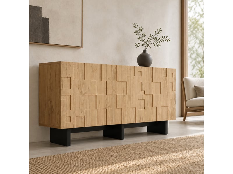 Buffet de rangement 140x40x70 cm, 3 portes push-to-open, mdf coloris naturel - Conforama C