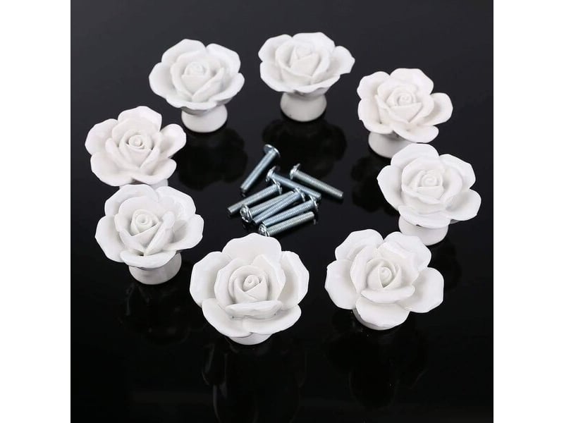  Jeu de 8 boutons de porte en céramique blanche brillante, poignées décoratives à motif floral pour cuisine et salle de bain  - Conforama A
