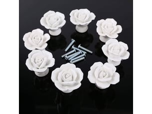 Jeu de 8 boutons de porte en céramique blanche brillante, poignées décoratives à motif floral pour cuisine et salle de bain