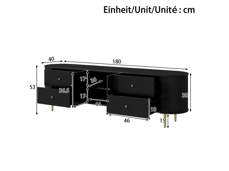  Meuble tv 180x40x38 cm mdf noir avec structure ondulée 3d et pieds en métal 4071258350168 - Conforama C