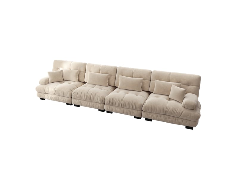 Canapé d'angle modulaire 4 places avec assise profonde et coussins, style vintage, en chenille, brun clair - Conforama A