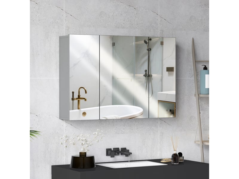  Armoire murale de salle de bain avec dim. 90l x 15l x 60h cm 3 portes miroir et étagères réglables en mdf gris  - Conforama D