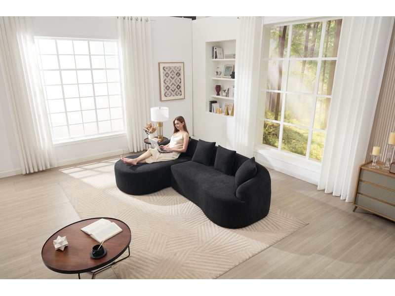  Canapé d'angle modulable avec méridienne gauche en l, chenille noire, sans montage, design courbé  - Conforama W
