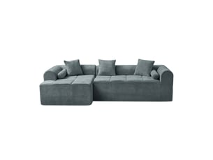 Canapé d'angle, canapé de salon, en tissu chenille, bleu, format compressé, pour salon et séjour, 263 cm
