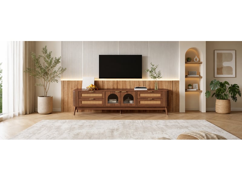  Meuble tv 4 tiroirs, 2 portes en verre de sécurité et led pilotable par application, pour salon 180×40×50 cm  - Conforama E