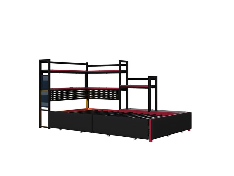  Lit combiné métal gaming 3 tiroirs led usb panneau perforé étagères latérales robuste rangements astucieux noir  - Conforama A