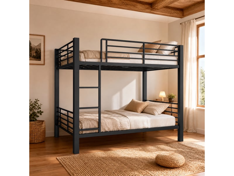  Lit superposé 140x200 cm, lit enfant, charge 400 kg, métal noir  - Conforama E