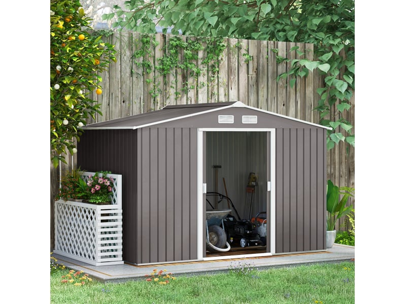 Abri de jardin 277 x 195 x 196 cm en acier avec fondation et portes coulissantes, gris - Conforama B