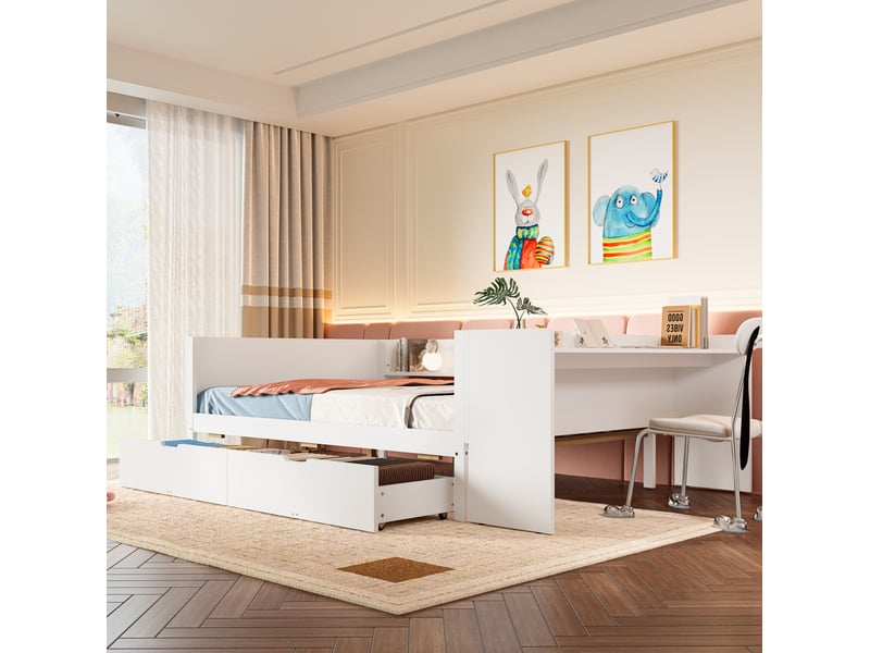  Lit double 140x200 cm avec bureau, 2 tiroirs et 3 rangements, pin et panneaux de particules, blanc  - Conforama E