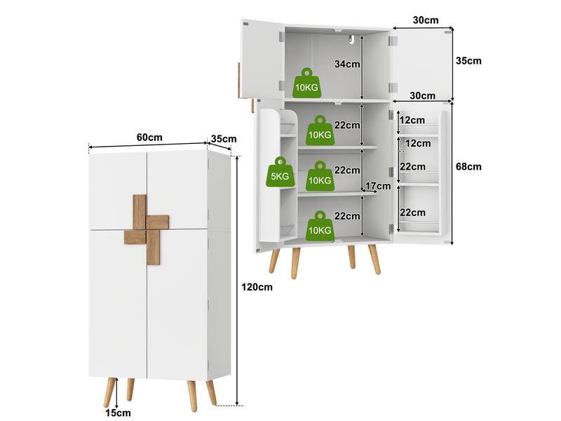  Armoire de cuisine garde-manger 60x35x120 cm - 4 portes - rangements de portes - étagères réglables - mdf - blanc  - Conforama C