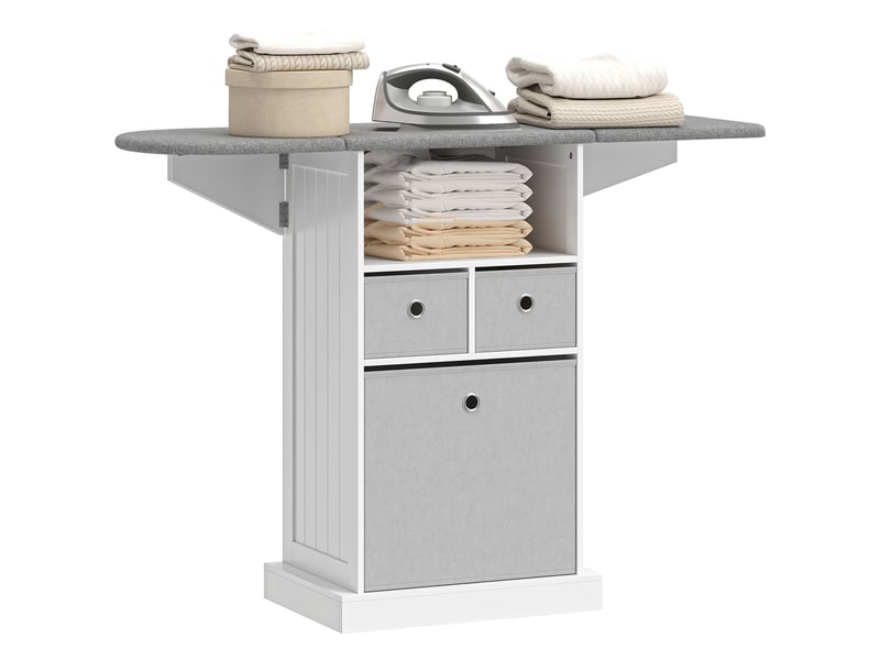  Meuble de rangement pour table à repasser à roulettes, table à repasser pliable, 3 tiroirs en tissu, 121 x 37 x 89,5 cm, blanc  - Conforama B