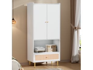 Armoire avec 2 portes, 1 tiroir en rotin et tringle, pieds métalliques, pour chambre, blanc naturel, 80 × 48 × 175 cm