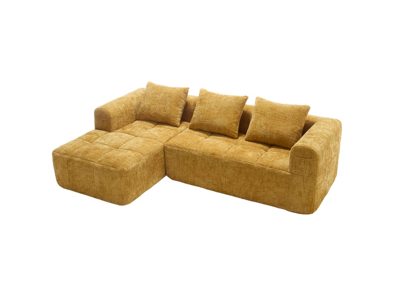 Canapé d’angle en l 3 places sans montage avec méridienne, accoudoirs, 3 coussins et poche latérale, chenille, jaune Seren Glow - Conforama A