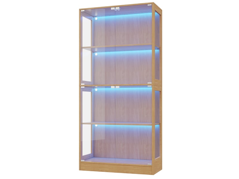 Vitrine led pour figurines, 80 x 35 x 170 cm, 4 portes, mdf et verre, finition bois naturel - Conforama R