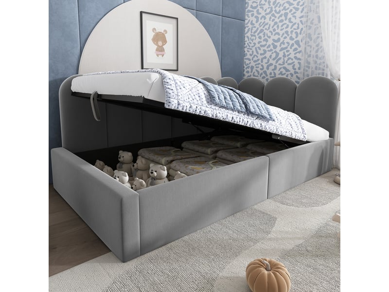 Lit banquette coffre 90 x 200 cm, coffre à relevage hydraulique, dossier en l, sommier à lattes, structure rembourrée, pour la chambre, velours, gris ABC - Conforama E