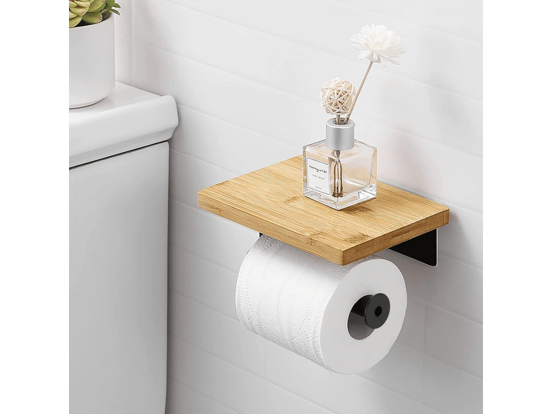  Porte rouleau de toilette en bambou avec plateau - support mural auto-adhésif sans perçage pour salle de bain  - Conforama E