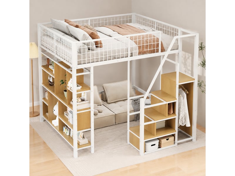  Lit mezzanine 140 x 200 cm blanc avec rangement, étagères et escalier  - Conforama C