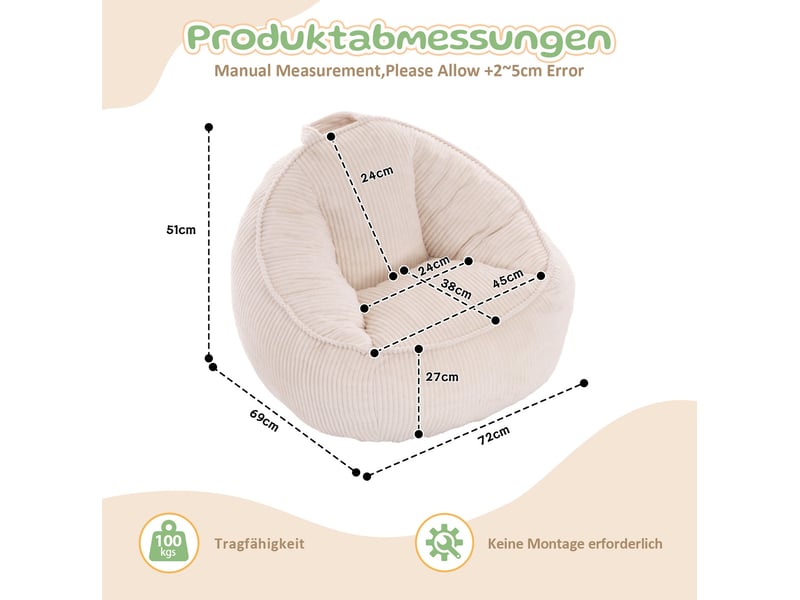  Pouf enfant 69 x 72 x 51 cm en velours côtelé beige avec dossier incurvé, mousse  - Conforama C