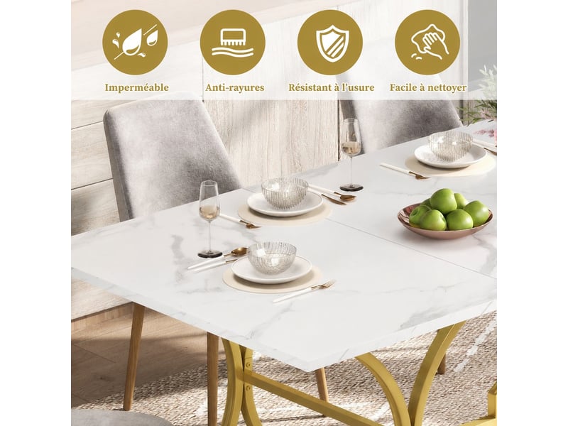  Table à manger 8 à 10 personnes, rectangulaire effet marbre, plateau 200 x 80 cm, pieds en métal doré  - Conforama B
