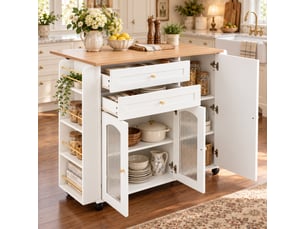 Îlot de cuisine mobile 110 cm blanc et bois clair, plateau rabattable, 2 tiroirs et 3 portes sur roulettes