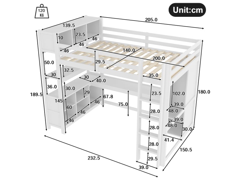  Lit en hauteur, 140x200 cm, lit en hauteur, avec bureau, rangements, matelas non inclus, bois et mdf, coloris blanc  - Conforama C