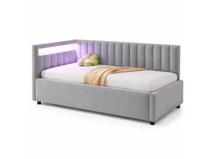 Lit coffre tcqpz 90 x 200 cm led, tête de lit réversible, tissu velours, gris clair, design à rayures verticales