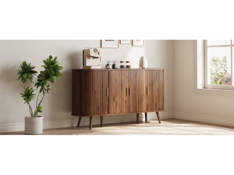  Buffet arrondi 150 cm décor noyer, 2 portes coulissantes et 2 battantes, étagère centrale réglable  - Conforama B