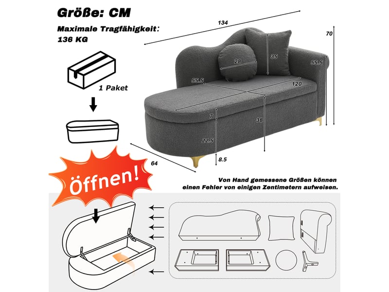  Méridienne canapé 134 cm avec coffre de rangement, chaise longue moderne avec coussins, dossier nuage et tissu bouclé - gris  - Conforama E