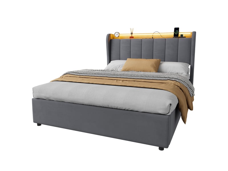  Lit coffre 140×190 cm, veilleuse LED, prise et coffre de rangement, lit simple avec grand espace de rangement, sans matelas - gris foncé  - Conforama E