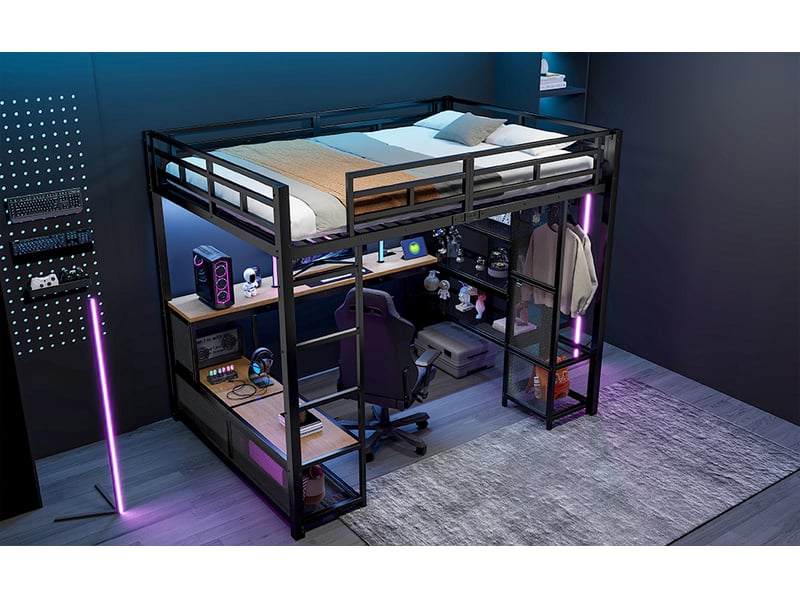  Lit mezzanine double 140×200 cm avec bureau, étagères, armoire ouverte, usb et led  - sans matelas, métal noir  - Conforama E