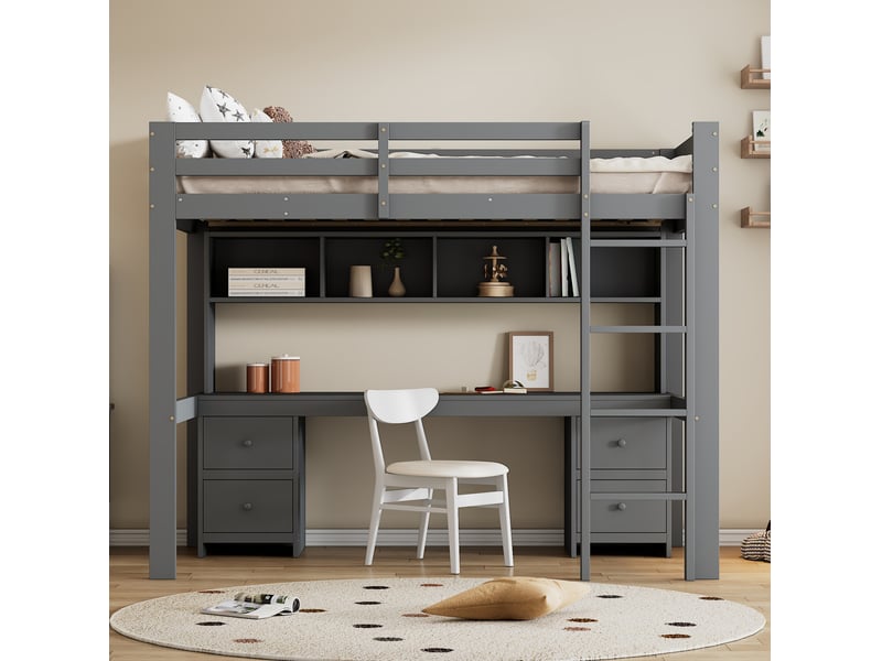  Lit mezzanine enfant 90 x 200 cm avec bureau, rangements et sommier à lattes gris  - Conforama D