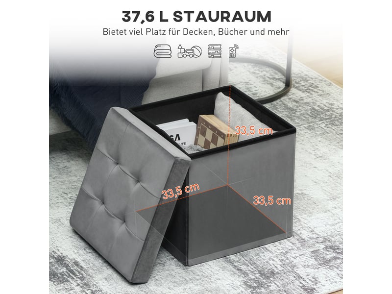 Tabouret gris pliant avec espace de rangement et boîte de rangement en mousse et mdf - Conforama E