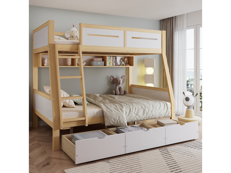  Lit superposé 90120x200 cm avec trois tiroirs, lit enfant avec étagère à livres de 2 m, cadre de lit en pin, blanc + naturel  - Conforama D