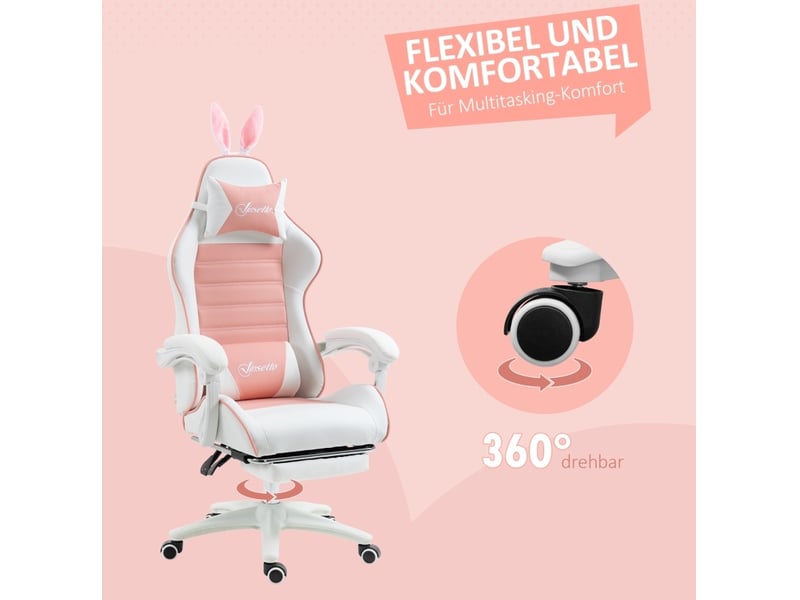  Chaise gaming ergonomique avec repose-pieds, appui-tête et soutien lombaire réglable en hauteur rose  - Conforama D