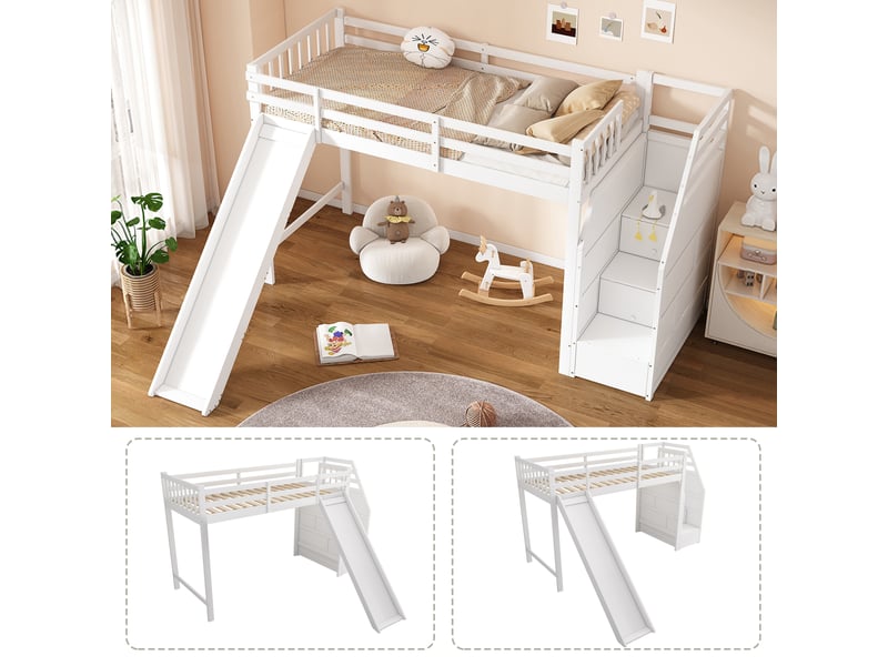  Lit 90x200 cm blanc, lit avec toboggan et escalier de rangement, lit mezzanine enfant en bois massif pour chambre, certifié en747  - Conforama D