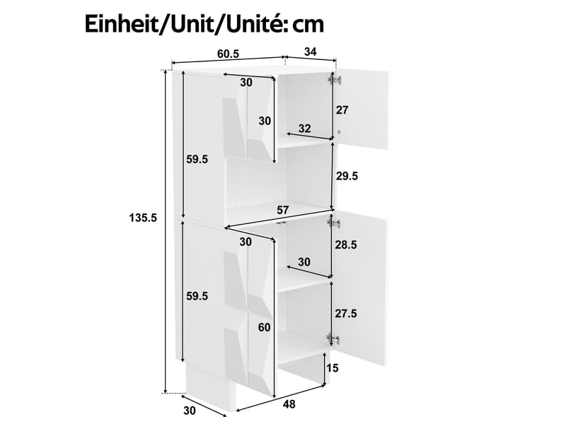 Buffet haut 60,5x34x135,5 cm, 4 portes, relief géométrique, niche ouverte, panneau de particules, blanc - Conforama C