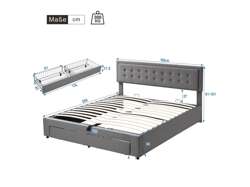  Lit coffre 160x200 cm - lit double rembourré avec sommier à lattes en bois - velours - sans matelas - gris  - Conforama E