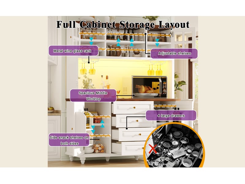 Buffet haut, coloris blanc, 140 × 40 × 179,5 cm, mdf, métal et pieds en hévéa, led rgb, porte-verres métal, 4 tiroirs - Conforama E
