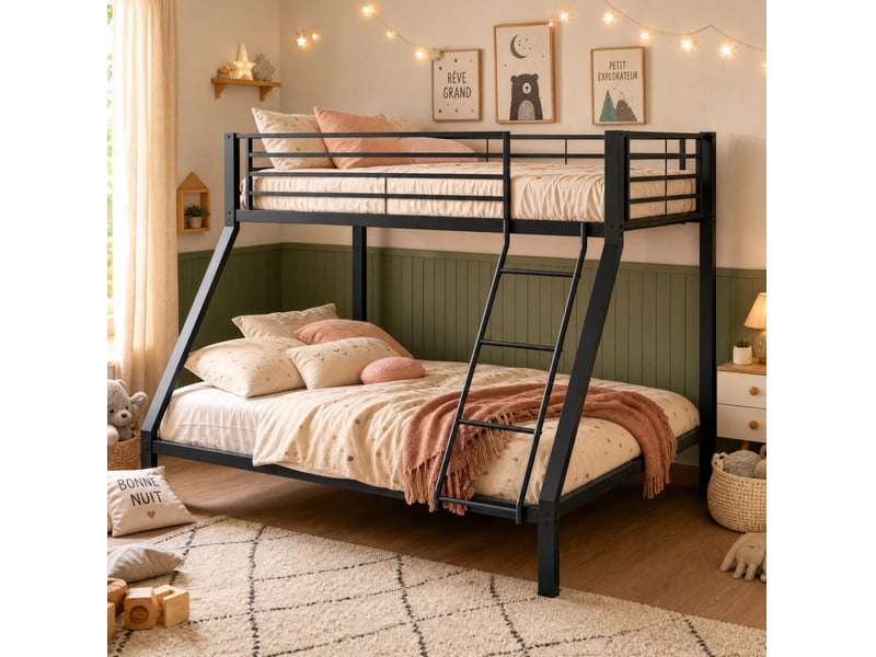  Lit superposé 90x200 et 140x200 cm avec échelle en métal , noir  - Conforama D