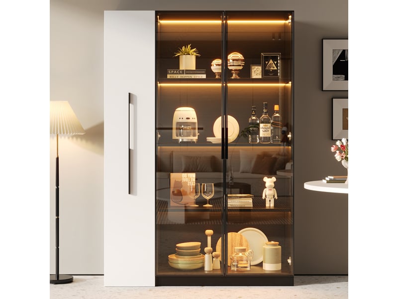 Vitrine led verre 110x35x160cm meuble de rangement buffet haut bibliothèque avec portes vitrée étagère coulissante, noir - Conforama C