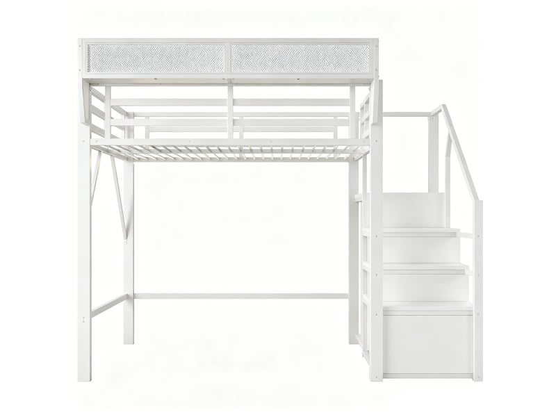 Lit mezzanine 140x200 cm blanc en métal, led, échelle sécurisée et étagère modulable Fay Lum - Conforama D
