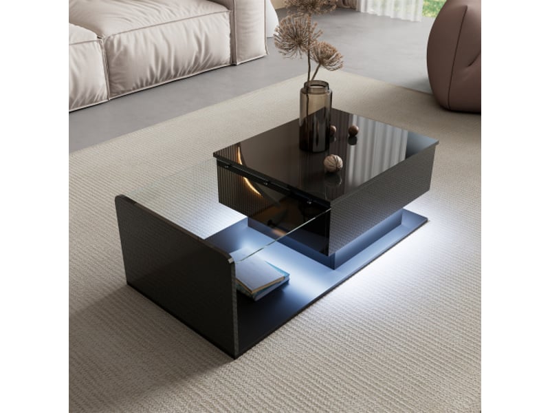  Table basse moderne noir brillant | plateau en verre avec effet led, table d’appoint moderne  - Conforama D