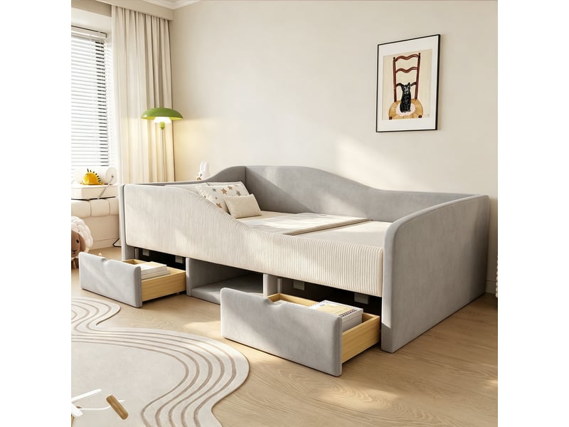  Lit simple 90x190 cm, lit enfant, 2 tiroirs, velours gris, barrière antichute  - Conforama A