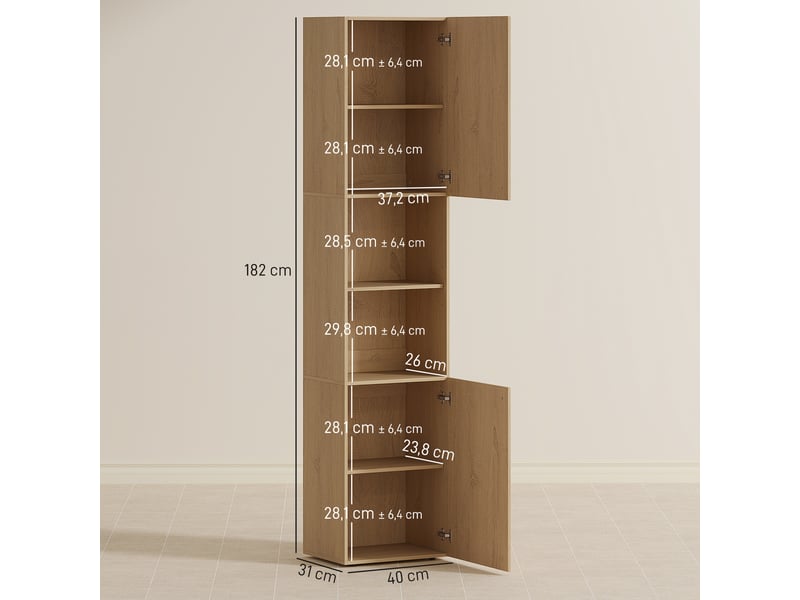  Armoire de salle de bain haute, 6 niveaux, 2 placards, 2 étagères ouvertes, compartiments ouverts, bois, couleur chêne  - Conforama E